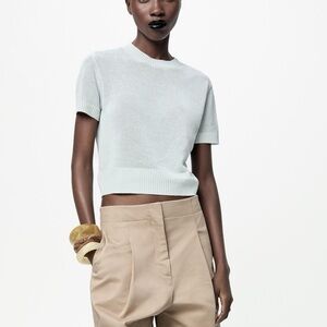 Zara Soft Blue Short-Sleeve Knit Top light blue